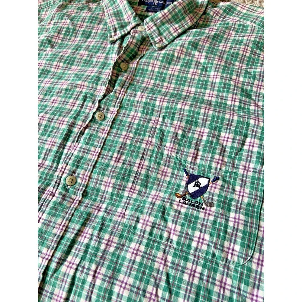 VTG Polo Ralph Lauren Shirt Mens XXL Green Plaid Tilden Golf Crest Short Sleeve - Picture 4 of 7